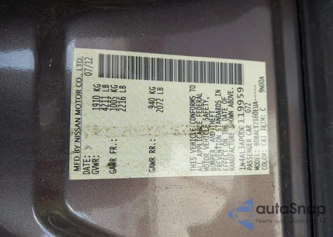 2013 Nissan Altima 2.5 Sv z USA, uszkodzony, nr VIN 1N4AL3AP0DC119959